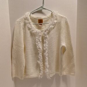 Ruby Rd ivory cardigan with ruffle trim. size L